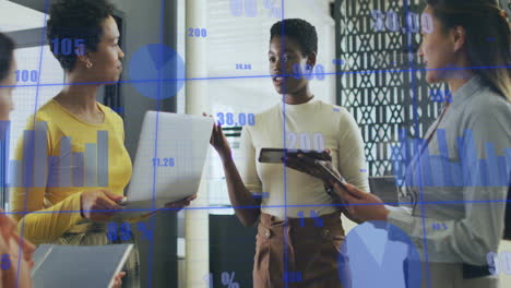 animation of financial data processing over diverse business people in office