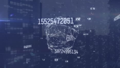 Animation-of-numbers,-globe-and-connections-over-cityscape