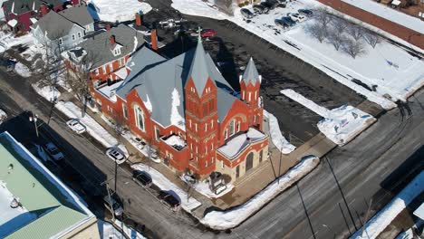 drone shot of catholic church, warren, ohio