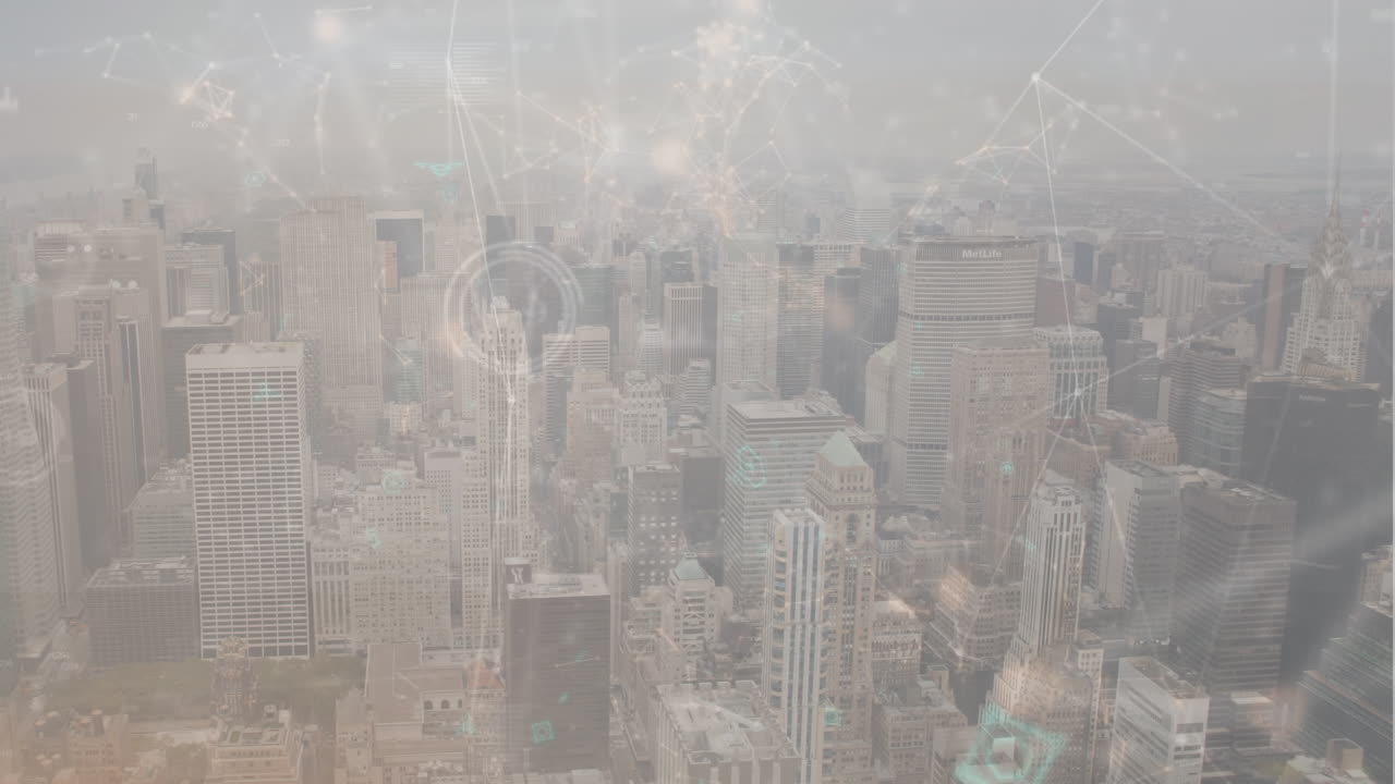 Animation of network of connections and multiple changing numbers over aerial view of cityscape