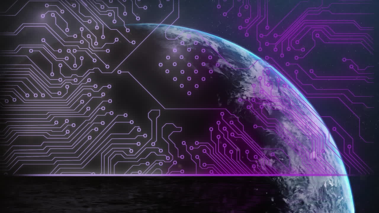 Animation of glowing circuit board over globe on blue background