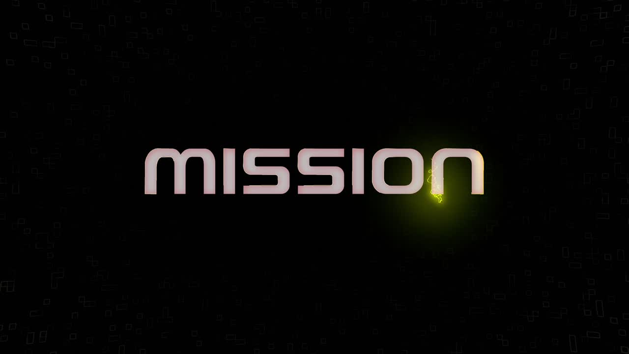 Elektrisk blinkende MISSION, animeret grafik i hvid, gul og sort