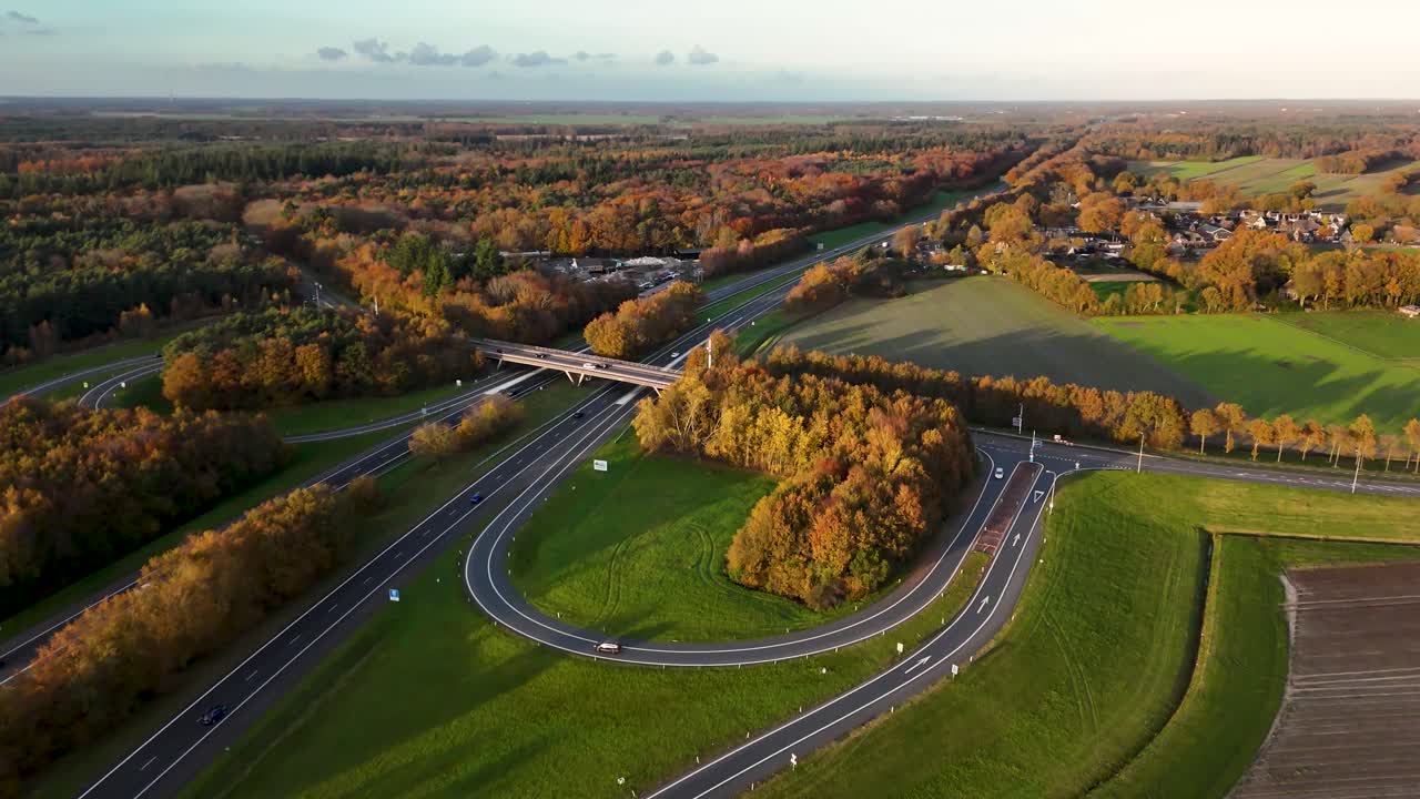 Aerial view of a highway in autumn