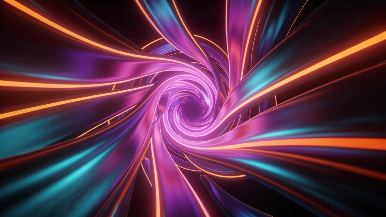 Telecamera che avanza rivelando un vortice di nastri che si stringe verso un nucleo viola in un tunnel in CG con bordi al neon.