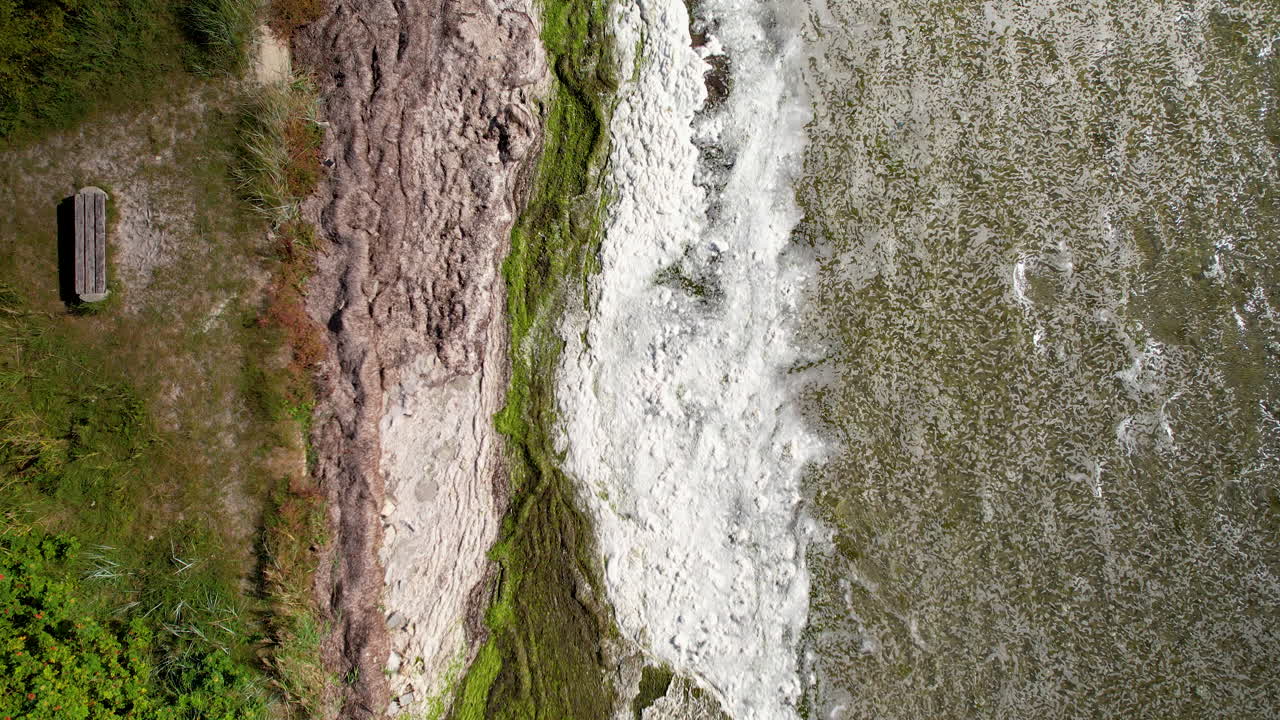 Aerial top down shot of waves of Baltic sea reaching green coastline on Hel Island during sunny day