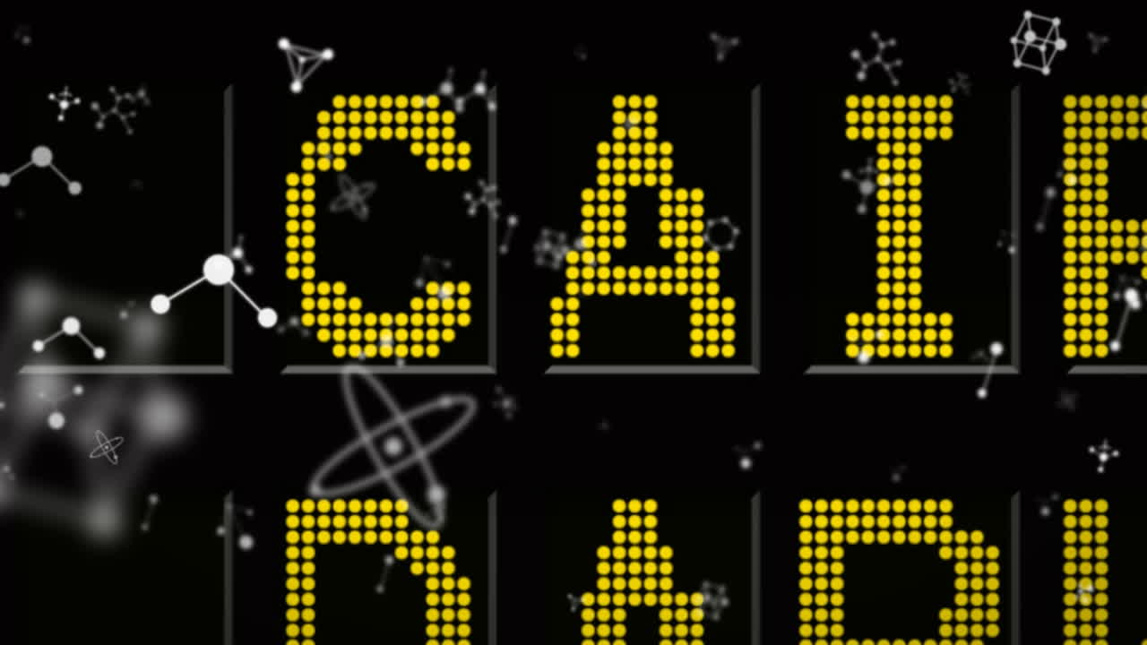 Digital animation of molecular structures floating against airport information board