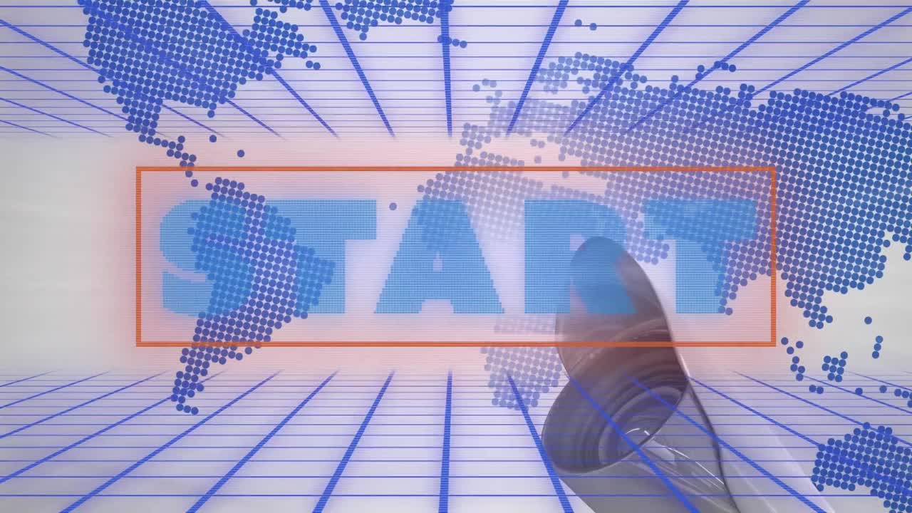 백색 배경에 있는 감시 카메라와 세계 지도에 대한 시작 텍스트의 디지털 애니메이션