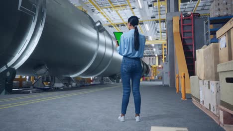 back view of full body asian business woman using tablet with mock up green screen in pipe manufacturing factory