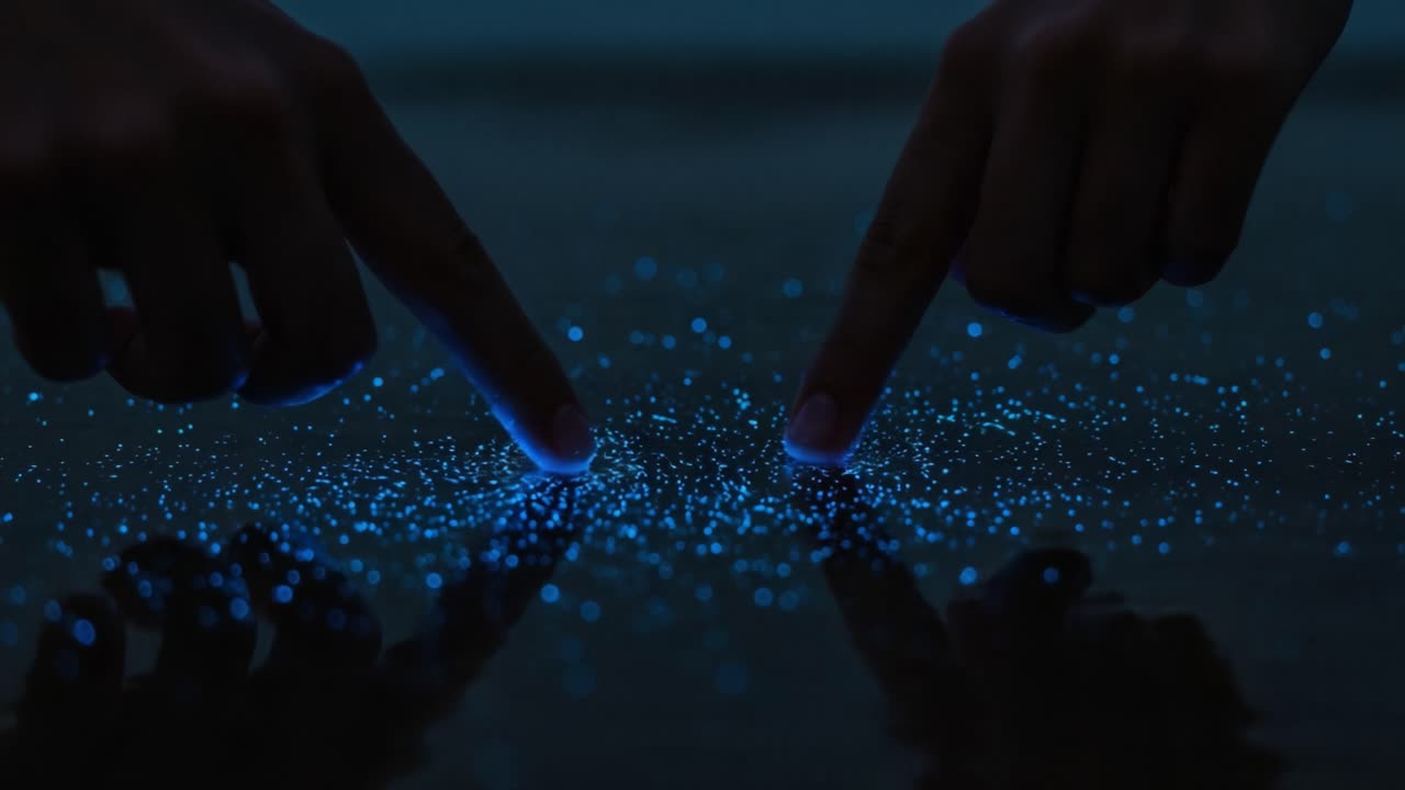 A Mesmerizing Interaction with Bioluminescent Particles: Capturing the Glow of Touch on Water's Surface in a Stunning Visual Experience