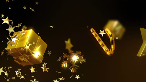 animation of stars over christmas decorations on black background