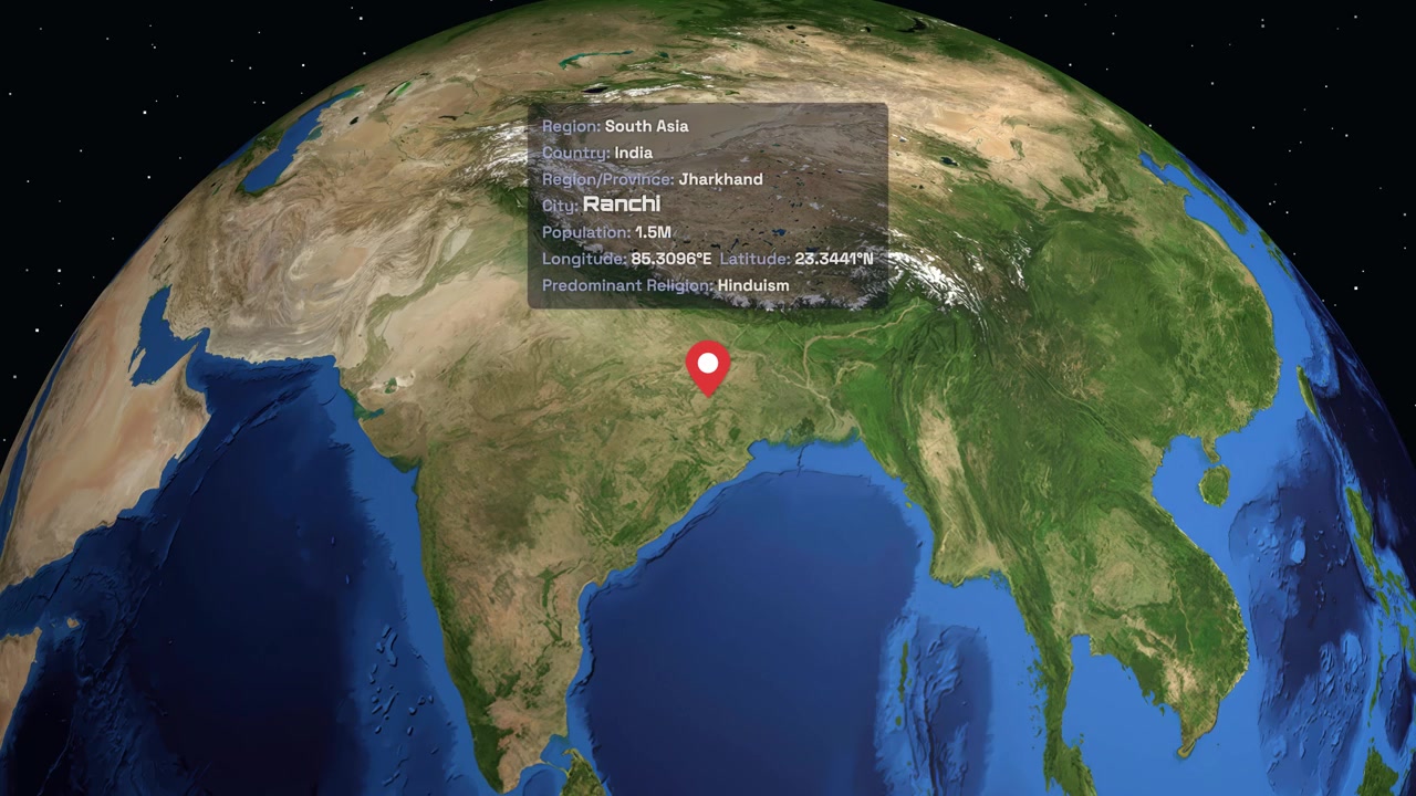 Digital animation zooms from space to a specific location marker in Ranchi, Jharkhand, India