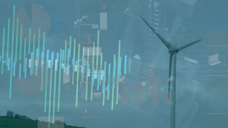 animation of graphs moving over wind turbines against pump jack at oil industry