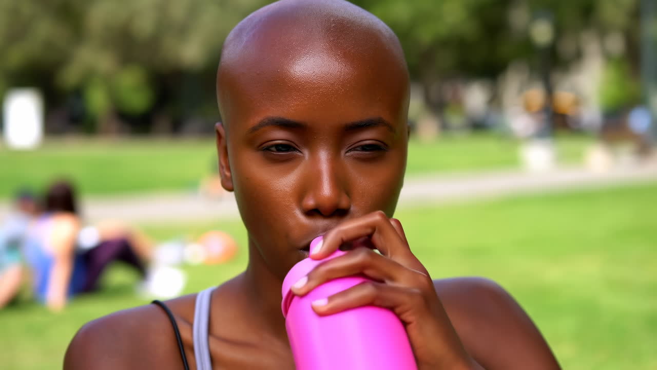 Donna che beve da una bottiglia d'acqua nel parco