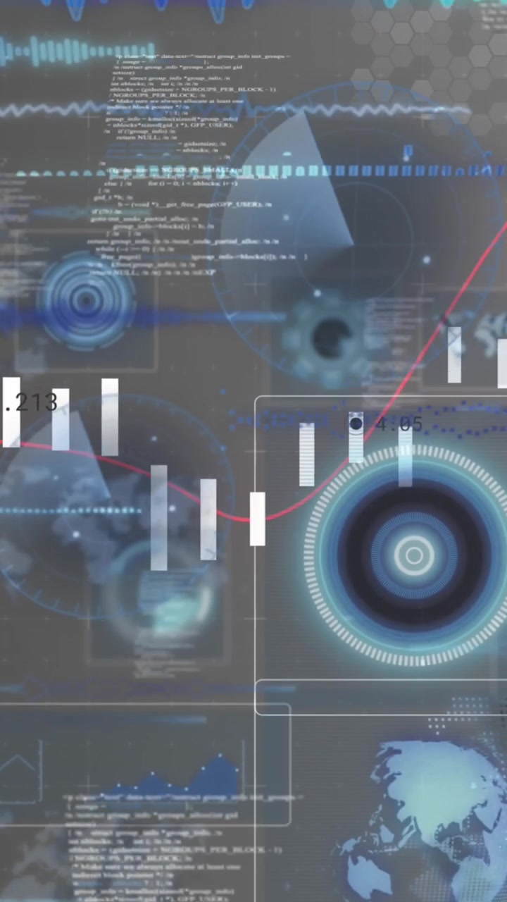 Animation of round scanners and data processing against grey background