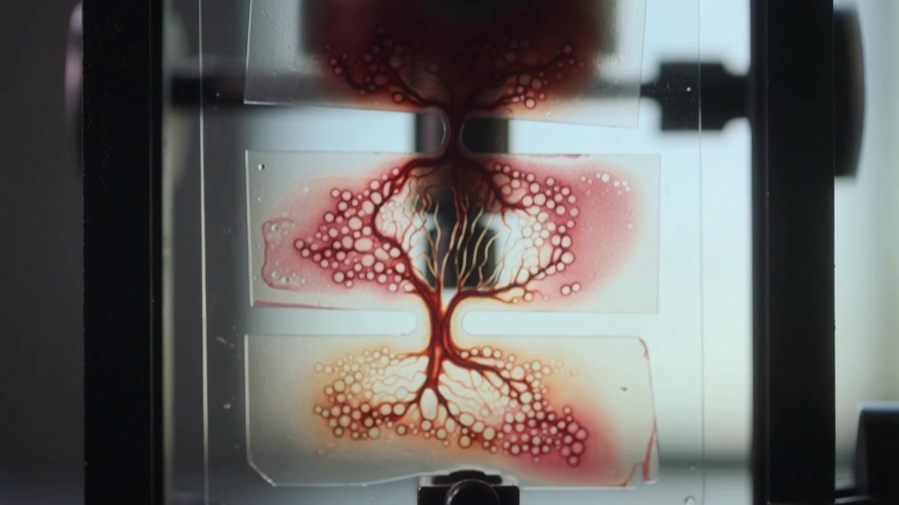 Piatto pressore discendente che comprime diapositive trasparenti con un motivo ad albero rosso ambra su un banco, goccioline retroilluminate.