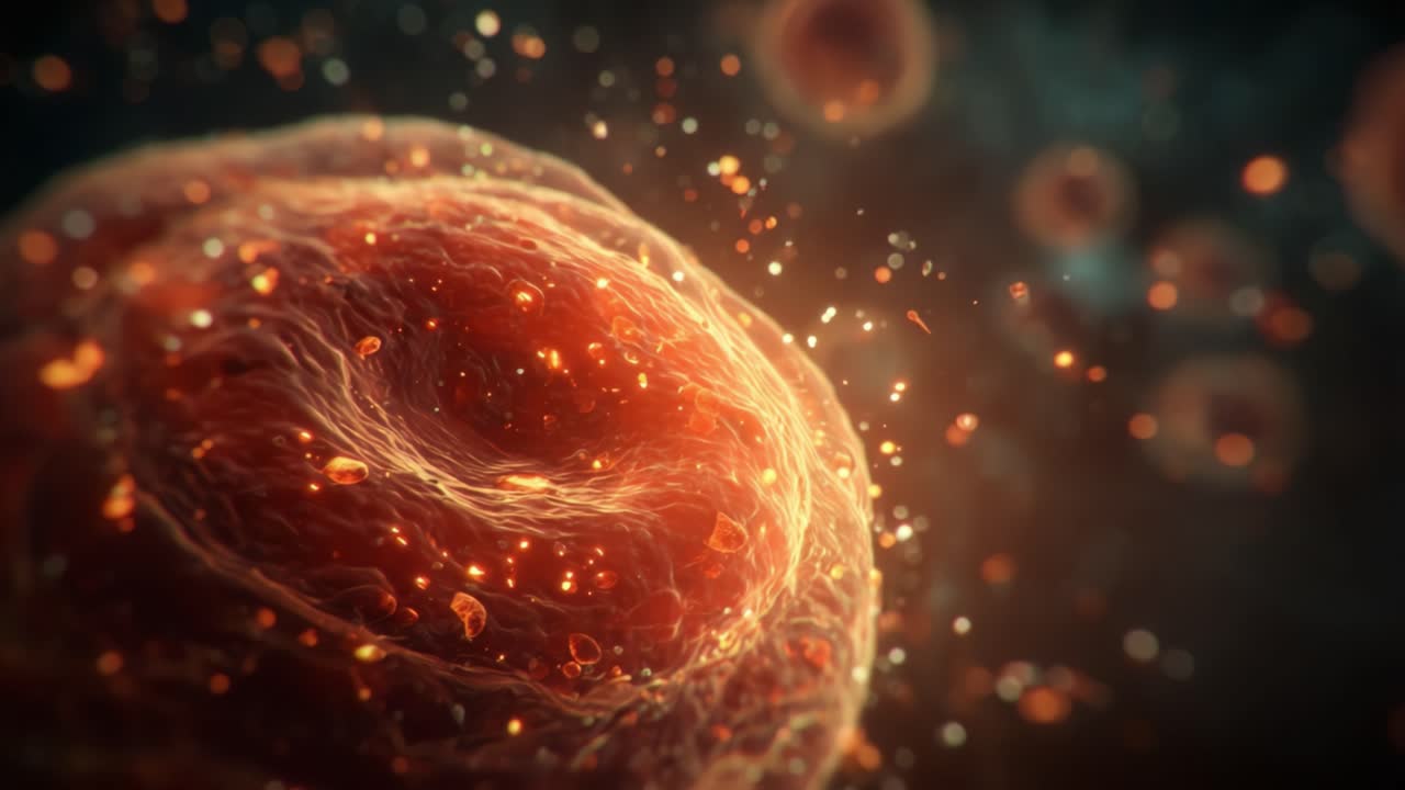 Captivating Close-Up of a Cellular Structure Illuminated in a Dynamic Microenvironment with Glowing Particles and Intricate Details of Biological Activity