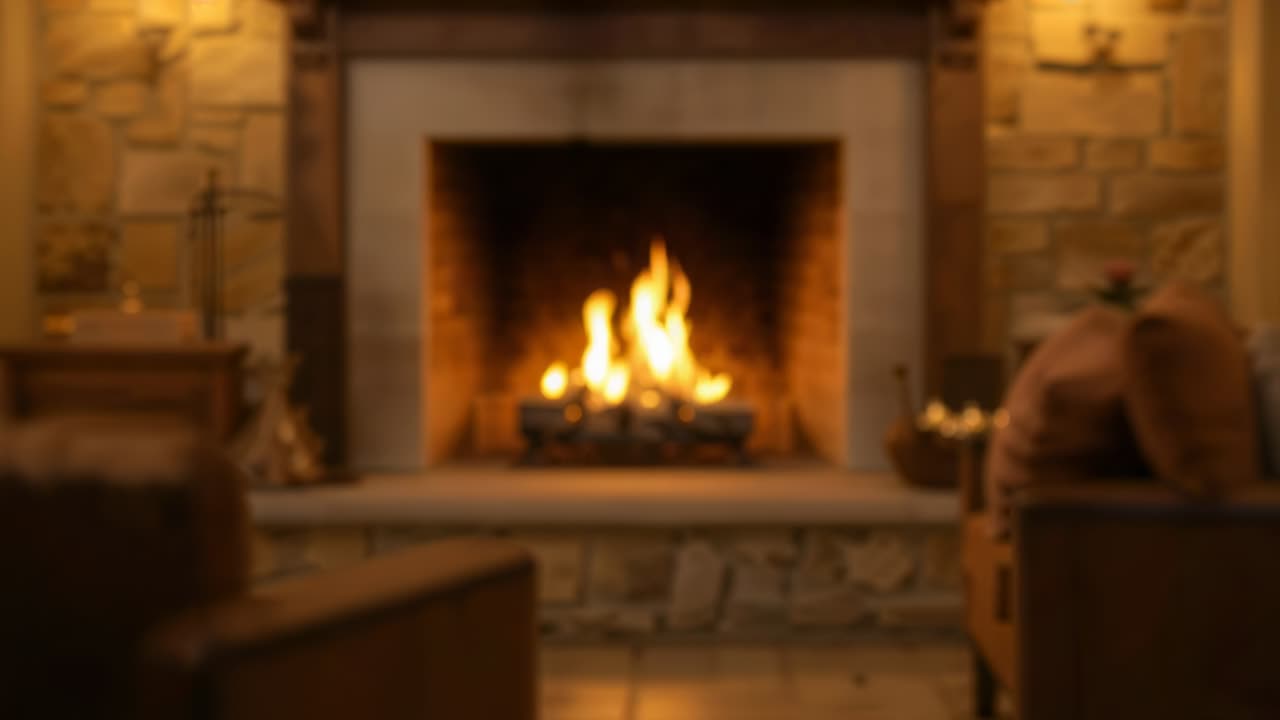 Shifting camera focus, stone fireplace flickering in cabin living room, revealing burning logs