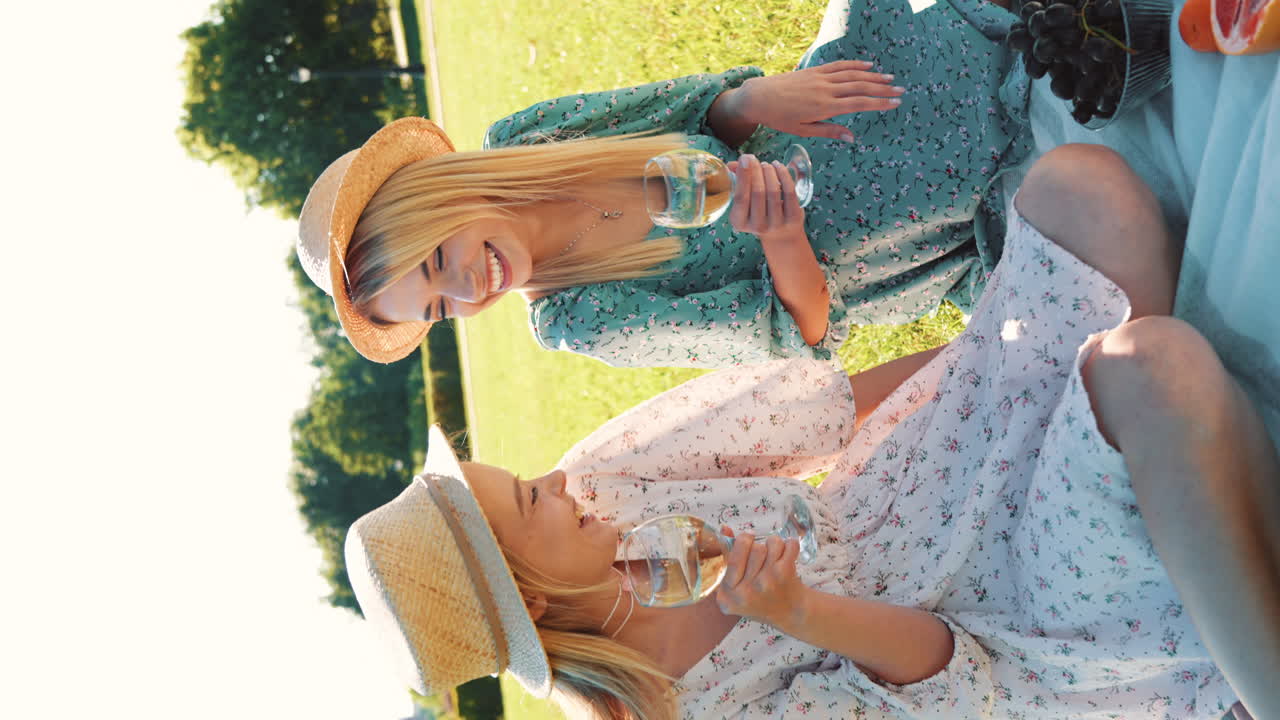 두 여자 친구 가 공원 에서 피크닉 을 즐기고 있다