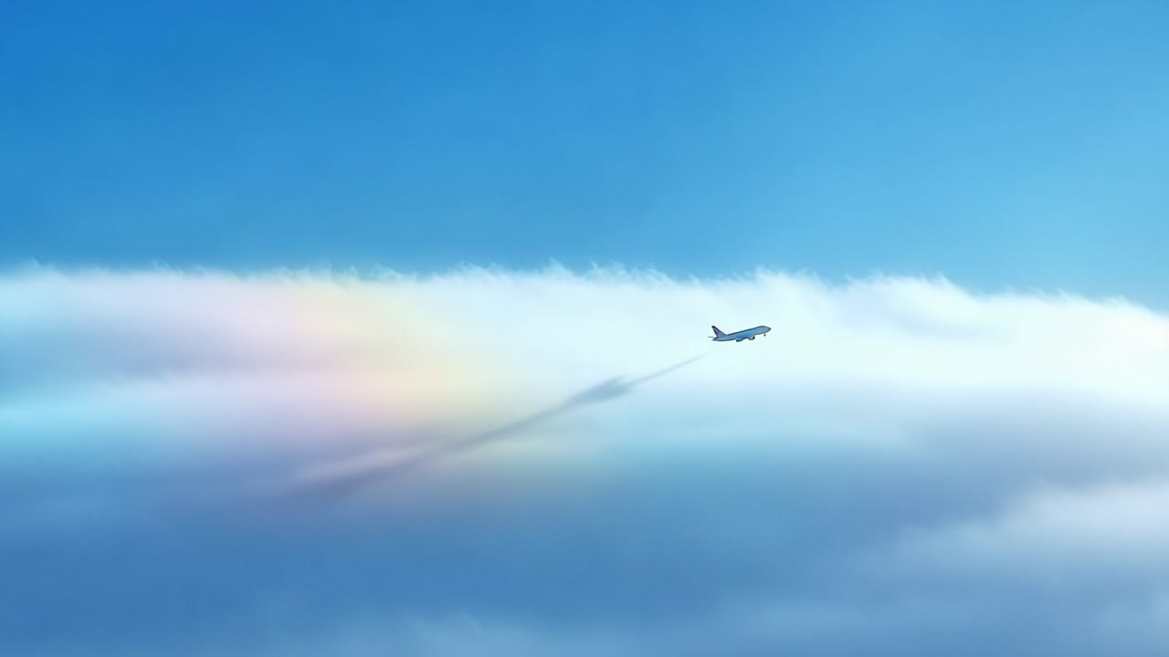 A serene aircraft gliding through luminous clouds, painting the sky with beautiful colors, creating a breathtaking view of nature's wonders and aviation grace under a brilliant blue sky