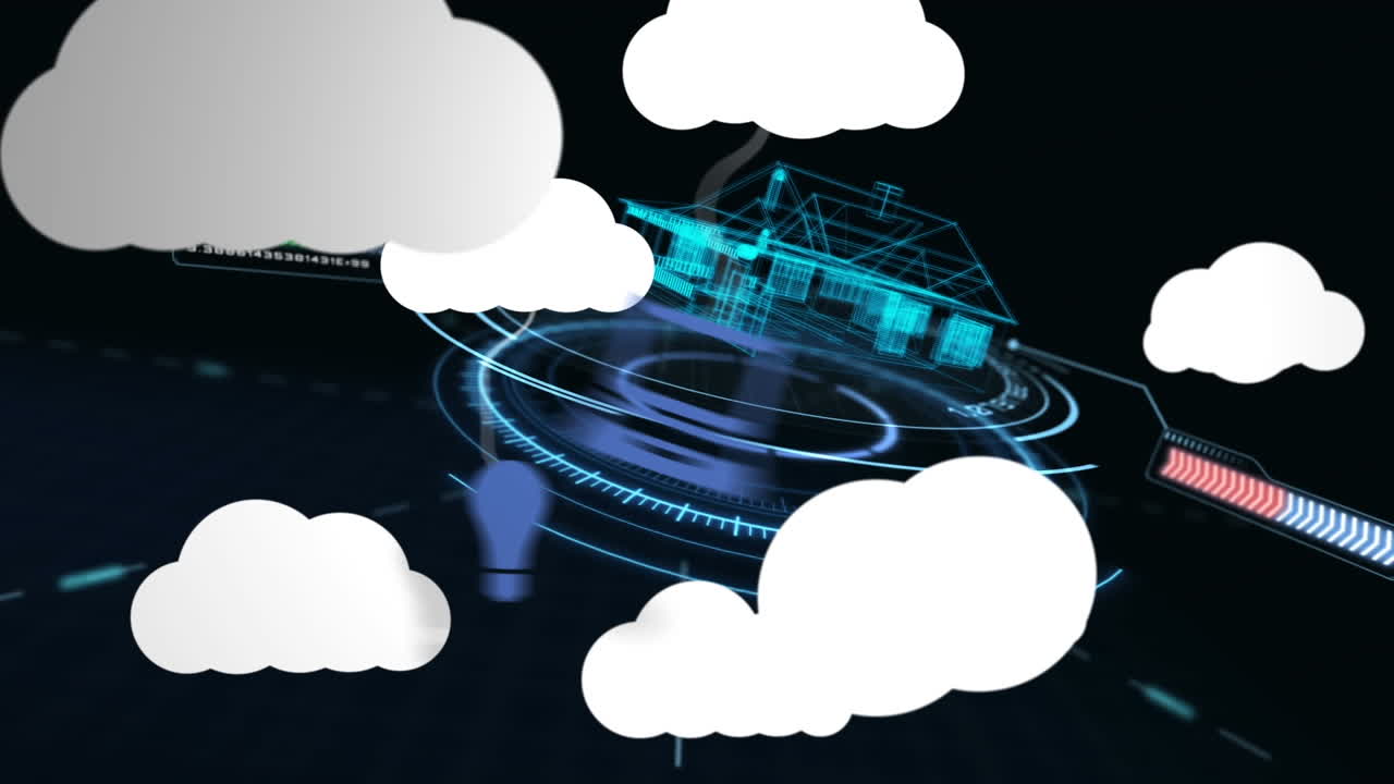 집의 디지털 모델 위에 아이콘으로 구름의 애니메이션