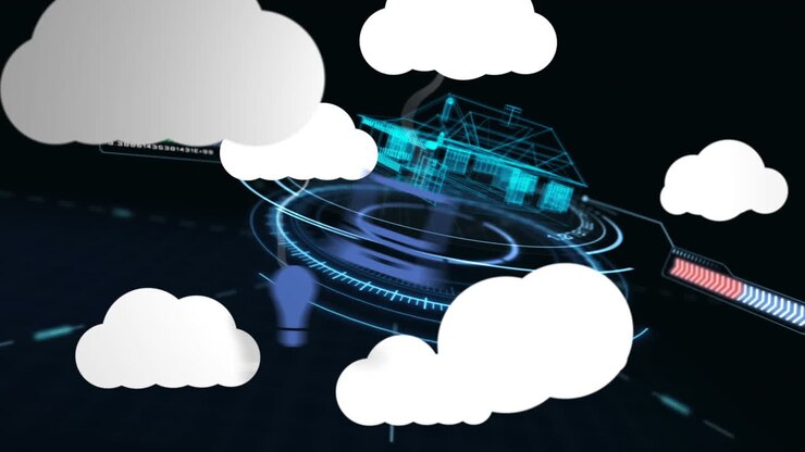 Animation of clouds with icons over digital model of house