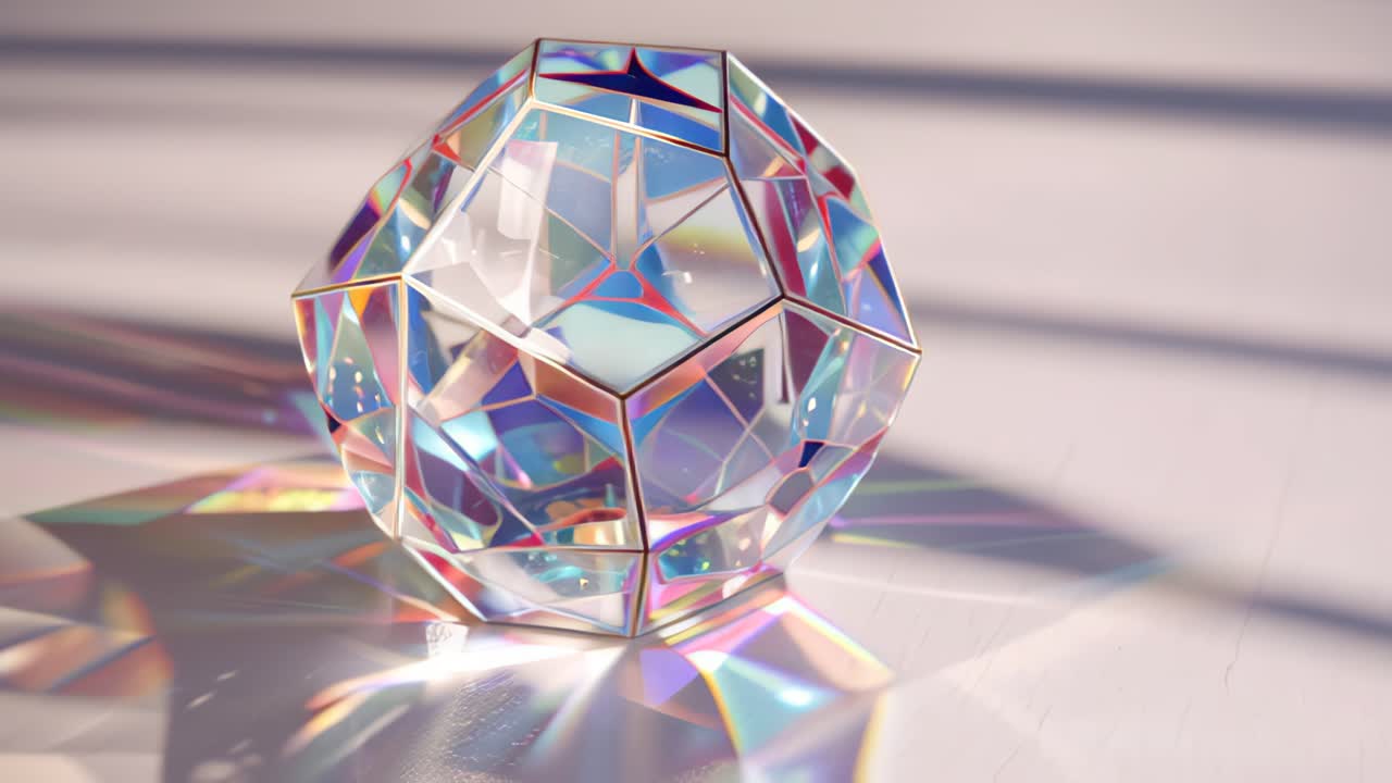 Filmato astratto ravvicinato di un poliedro di cristallo sfaccettato su una superficie luminosa, che rifrange la luce solare in caustiche arcobaleno e riflessi colorati, con spazio per il testo.