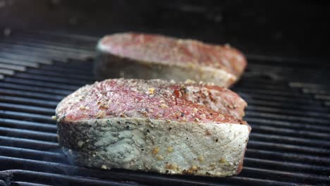 filetes de salmón salvaje cocinados en la parrilla del patio trasero sazonados perfectamente - cerrando la tapa