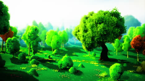vibrant green landscape with lush trees and colorful foliage in bright sunlight