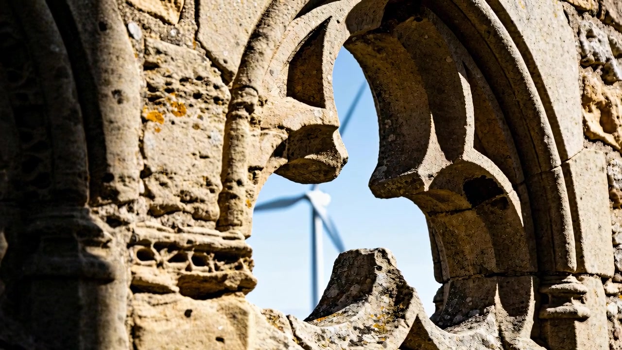 Telecamera in movimento che porta una turbina a tre pale nella traforatura in pietra di una rovina per focalizzare il contrasto energetico.