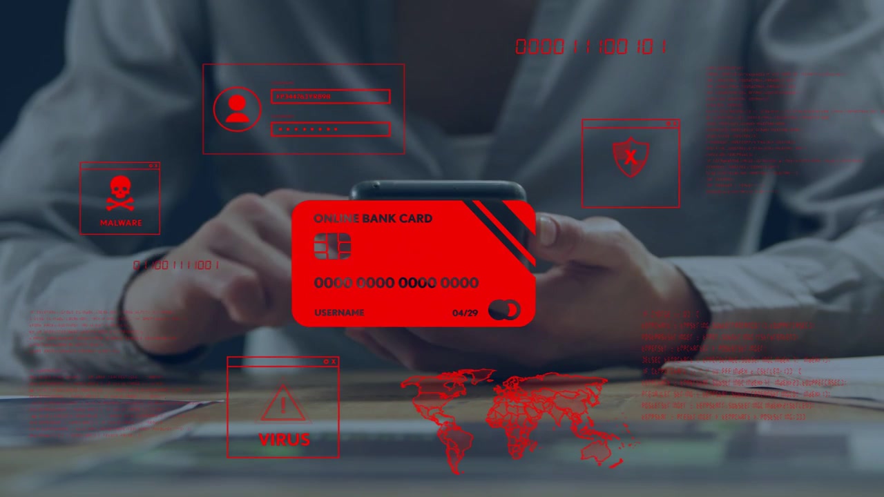 Man holding phone as left hand tapping, checking red bank card overlay, verifying finance security