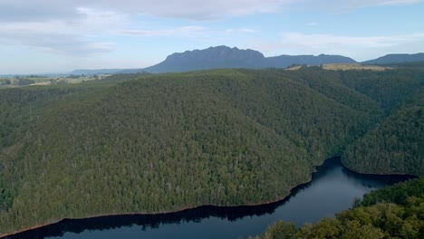 Tilt-Drohnenaufnahme-Eines-Dichten-Buschwalds-Am-Lake-Barrington-Mit-Mount-Roland-Im-Hintergrund-In-Der-Nähe-Von-Sheffield,-Tasmanien,-Australien