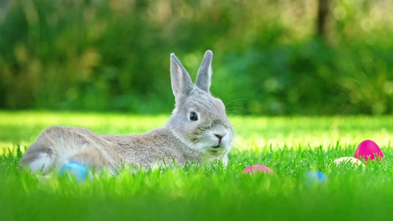 conejo de pascua en un prado con huevos
