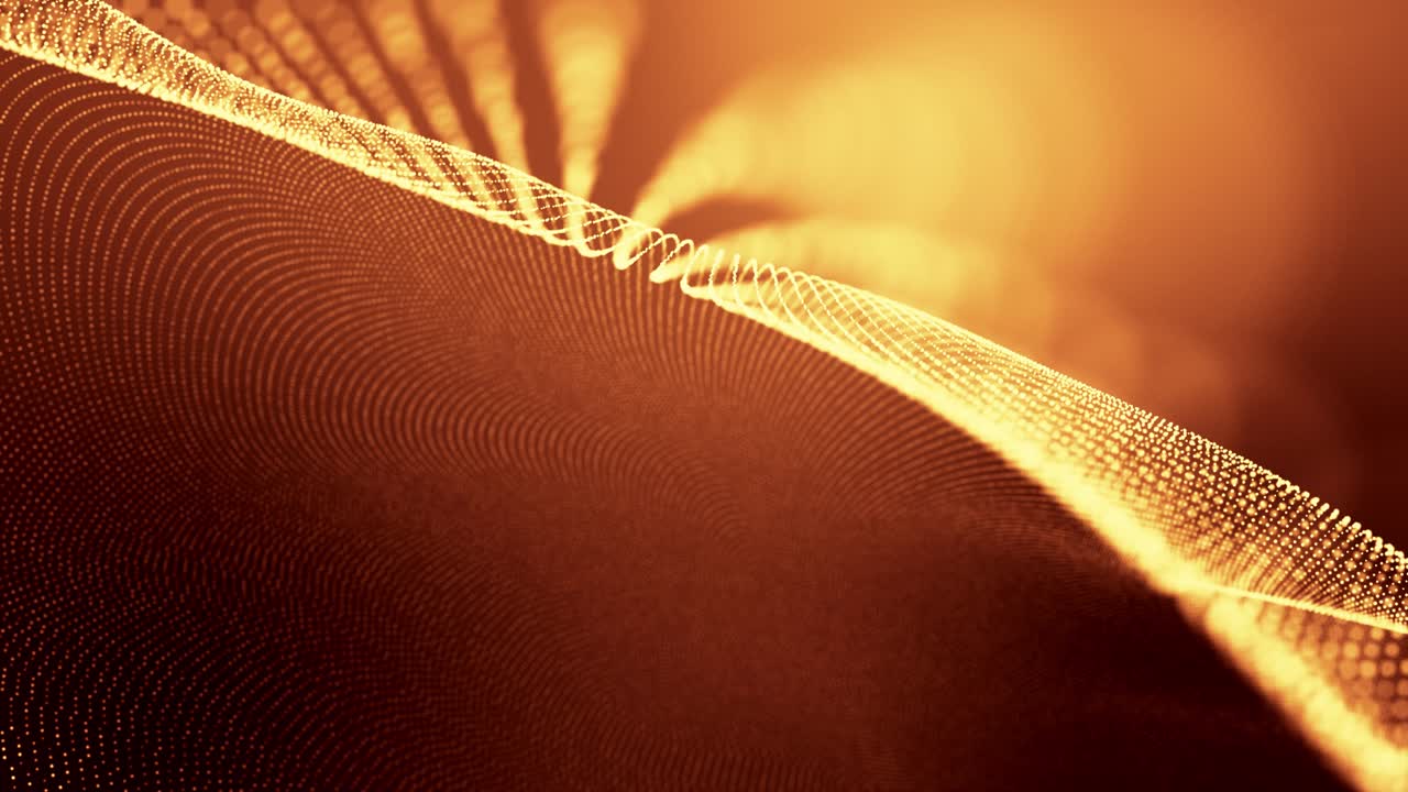 4k 루프 추상적인 배경은 금빛으로 빛나는 입자가 선을 형성하고 사이버 공간이나 홀로그램의 풍경으로 표면을 형성합니다. 마이크로 월드, 나노 기술 또는 우주 공간의 sf 테마.