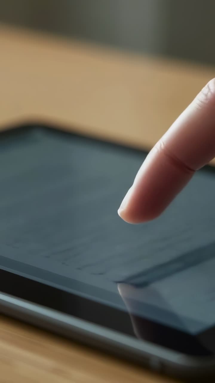 Video verticale: Dito indice destro che sfiora una lista su un tablet posto su un tavolo di legno, spazio copia.