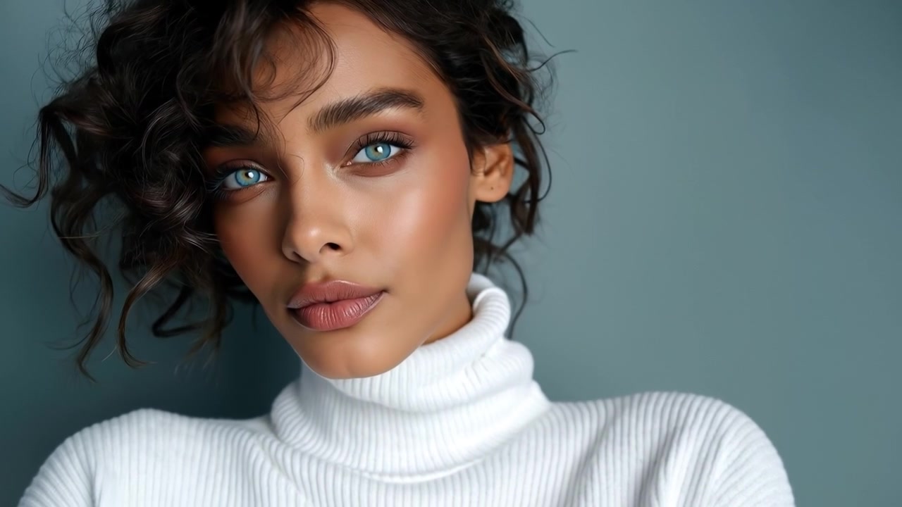 Close up portrait of a young woman with dark curly hair and blue eyes looking at camera