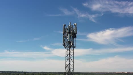 cellular gsm tower with 3g, 5g transmitter. communication antenna. future technology. aerial view from drone