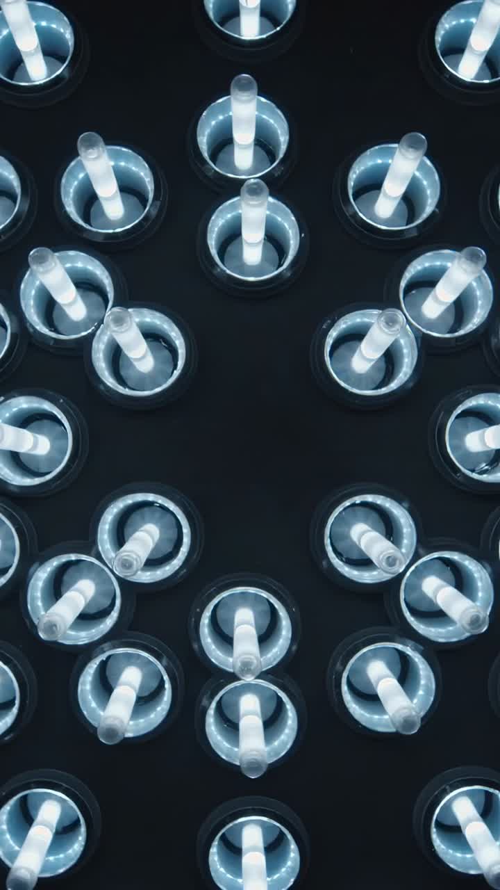 Vertical video: Shifting light array on cue making subtle contrast on dark panel with tube diffuser