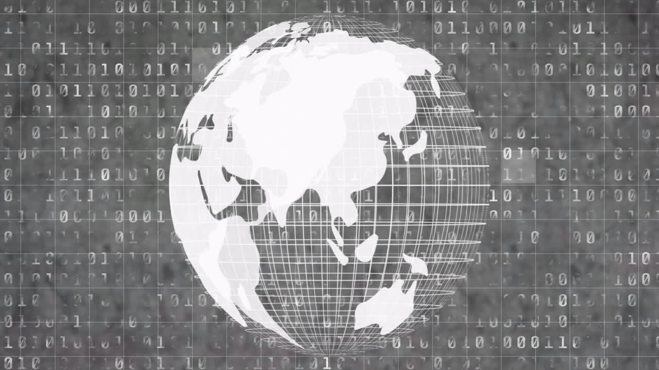 Animation of digital data processing and binary coding over globe