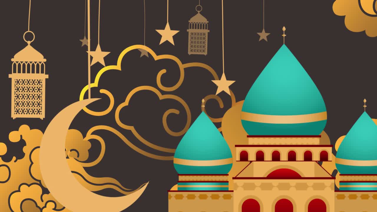 animación de techos de estilo árabe con símbolos de luna, lámpara y nube colgados en negro