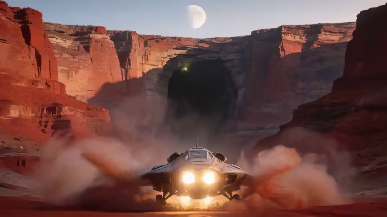 Motori accesi, navicella spaziale che atterra in un canyon di roccia rossa per entrare in un tunnel, sollevando polvere e con un bagliore verde.