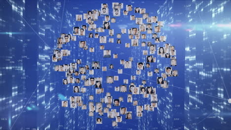 animación de puntos de luz y iconos de personas con globo sobre fondo azul