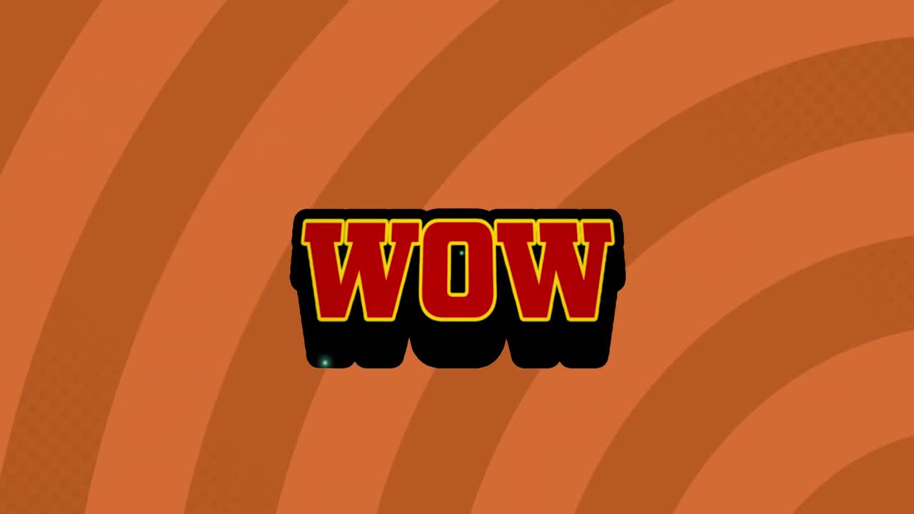 Kırmızı radyal arka plan üzerinde retro konuşma balonu üzerinde 'wow' yazısının animasyonu.