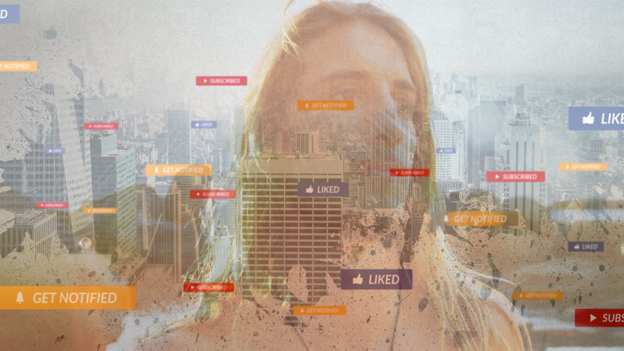 Animation overlaying social media notifications on woman's face in urban cityscape