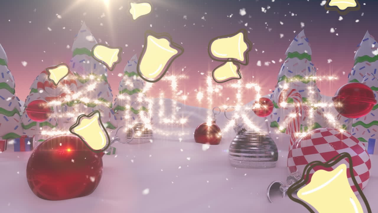 중국어 텍스트로 크리스마스 축하하고 겨울 풍경에 크리스마스 장식에 눈이 떨어집니다.