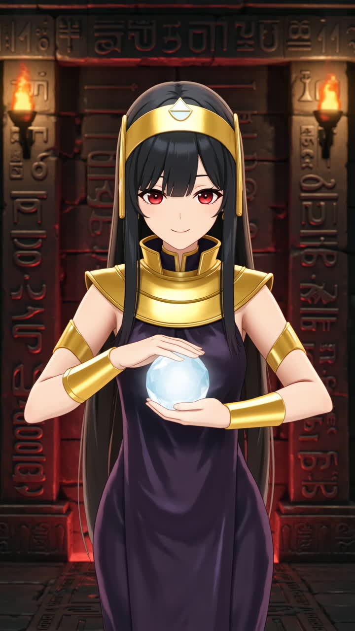 Anime girl in Egyptian attire holding a glowing orb in a temple