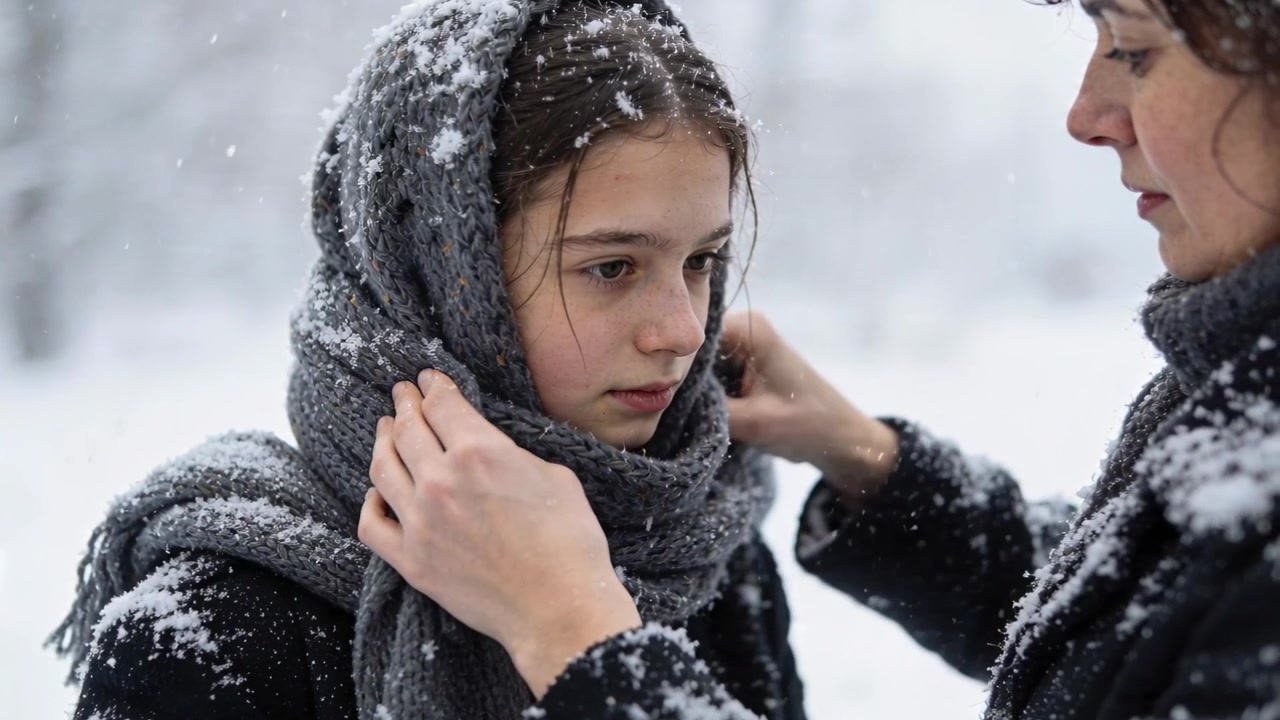 Reaching mother adjusting scarf over girl's head snowy woods, in dark coats, protecting from cold