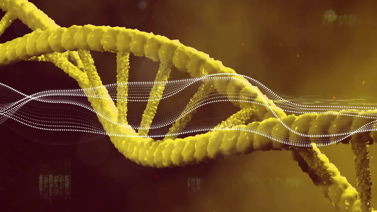 animación de cadenas de adn y patrones de ondas, datos científicos en movimiento