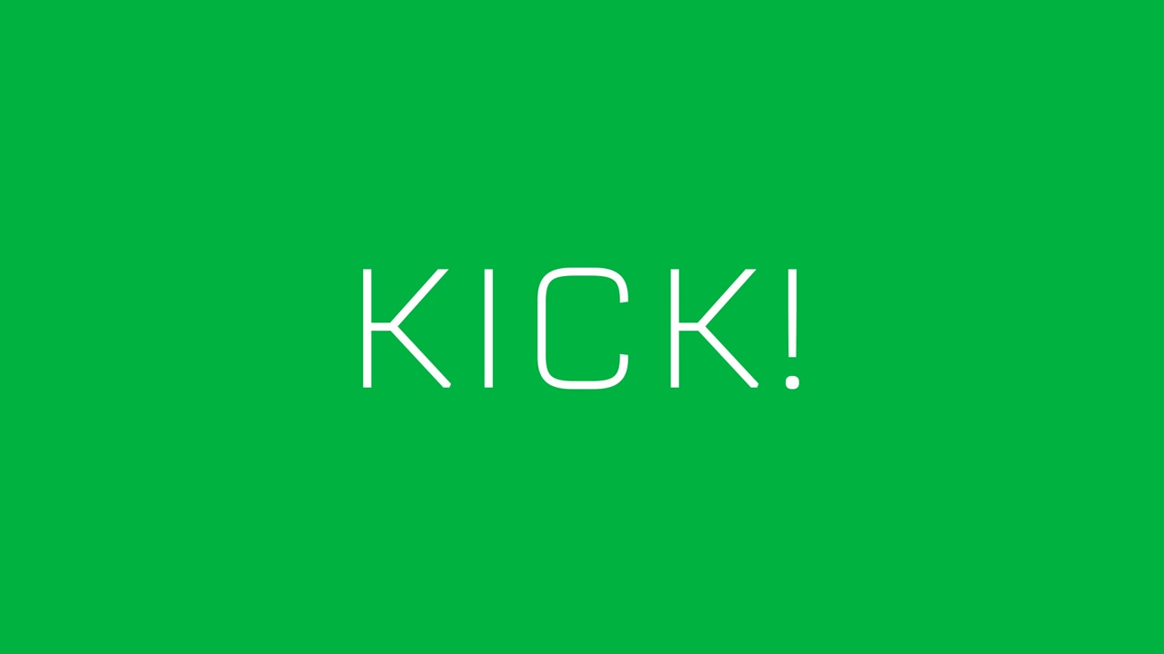 Animazione del testo "kick" in lettere bianche, su sfondo trasparente.