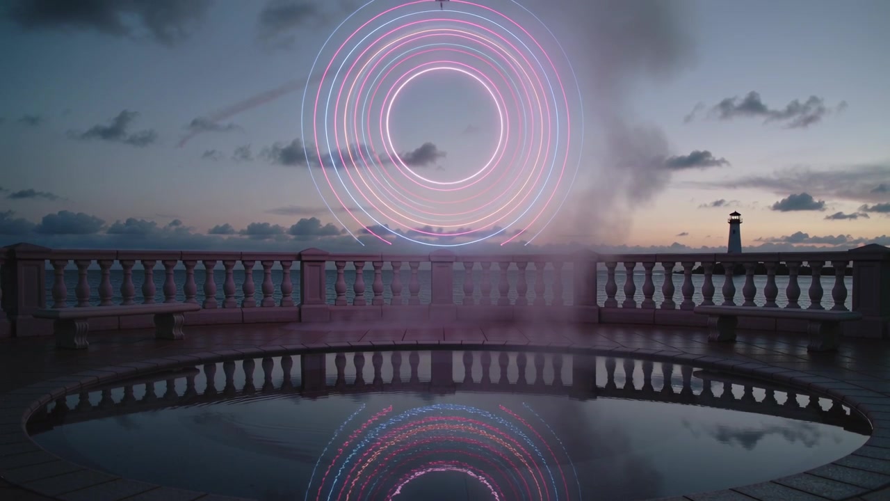 Glowing neon rings appearing above balustrade on seaside terrace, mist rising over reflecting pool
