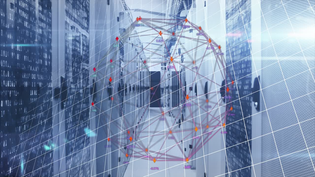 Animation of globe with network of connections and data processing over computer servers